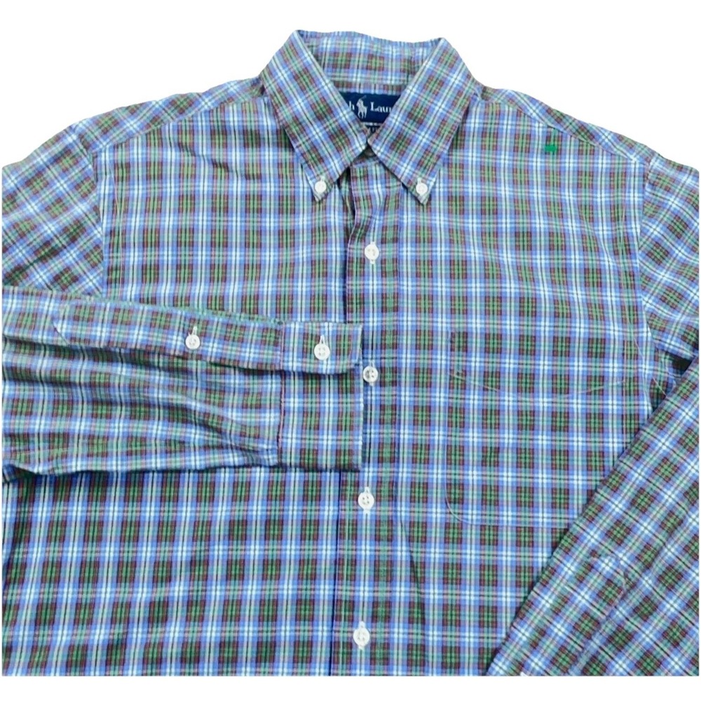 Ralph Lauren Shirt Men Small Blue Green Button Up Custom Fit Tartan Plaid Poplin